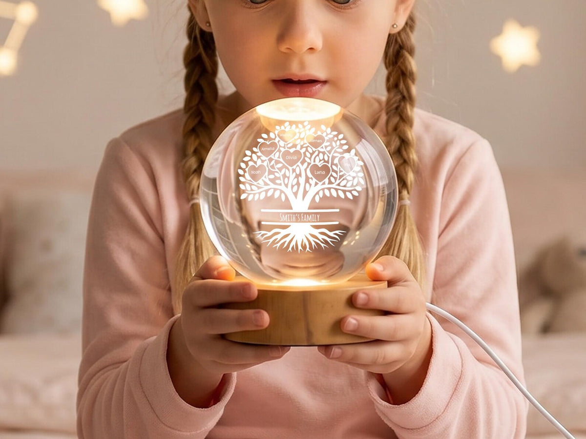 Custom Family Crystal Ball Night Light, Tree Of Life Glass Orb Lamp, Meaningful Gift For Daughter, Cozy Bedroom Decor, Spiritual Keepsake