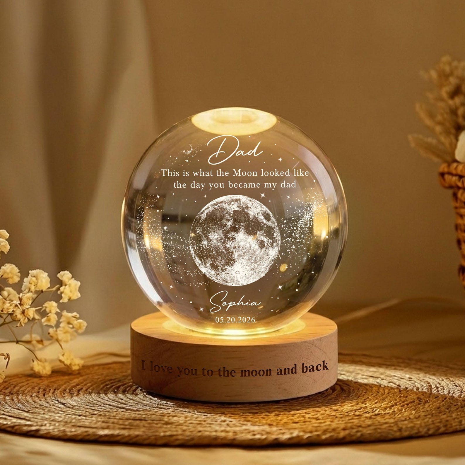 Personalized Dad Moons Phase Crystal Ball Night Light, The Day You Became My Dad Gift,Moons Phase Night Light,Father's Day Gift,Gift for Dad