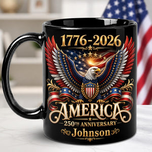 Personalized 250th Anniversary of America 2D Flat Mug, American USA Flag Black Coffee Cup, US Eagle Gifts for Men, Women, Patriotic Keepsake