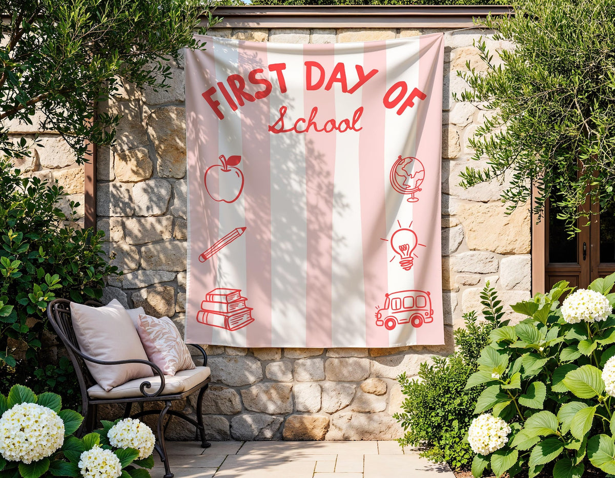 Striped First Day of School Banner, Back to School Sign, Personalized Photo Backdrop, Classroom Decor, Striped Fabric Banner Decor