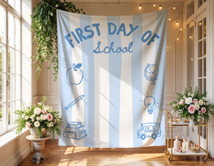 Striped First Day of School Banner, Back to School Sign, Personalized Photo Backdrop, Classroom Decor, Striped Fabric Banner Decor