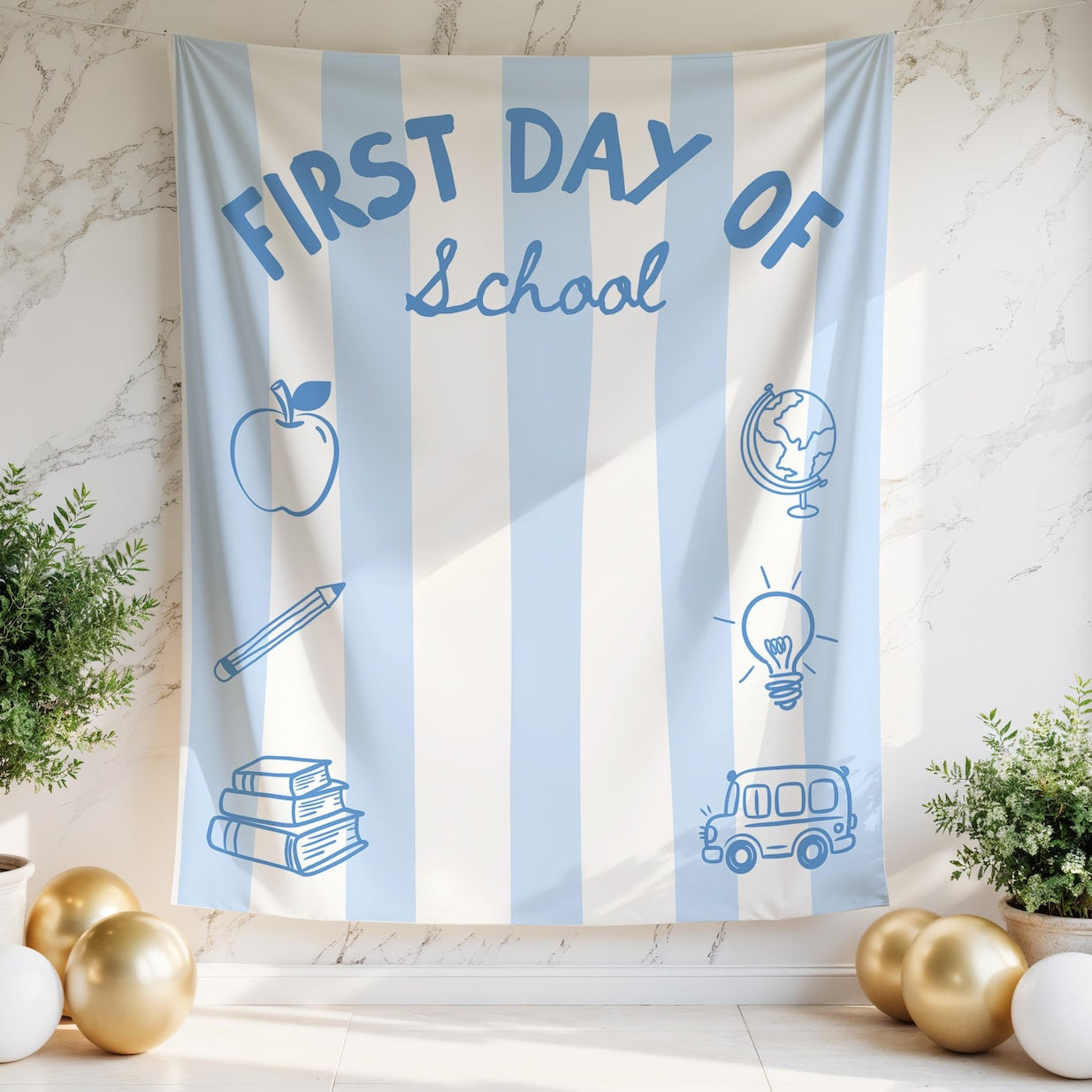 Striped First Day of School Banner, Back to School Sign, Personalized Photo Backdrop, Classroom Decor, Striped Fabric Banner Decor