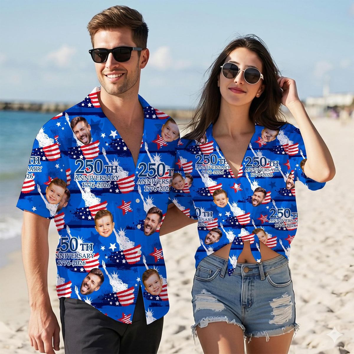 Custom Face Hawaiian Shirt: Personalized America Flag 250th Anniversary Beach Shirt for Men Women