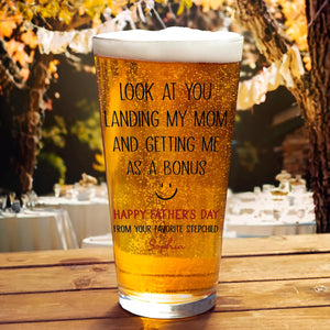 Personalized Funny Bonus Dad Beer Glass, Stepdad Pint Glass, Custom Name Father's Day Gift from Stepchild, Stepfather Humor Beer Mug for Him
