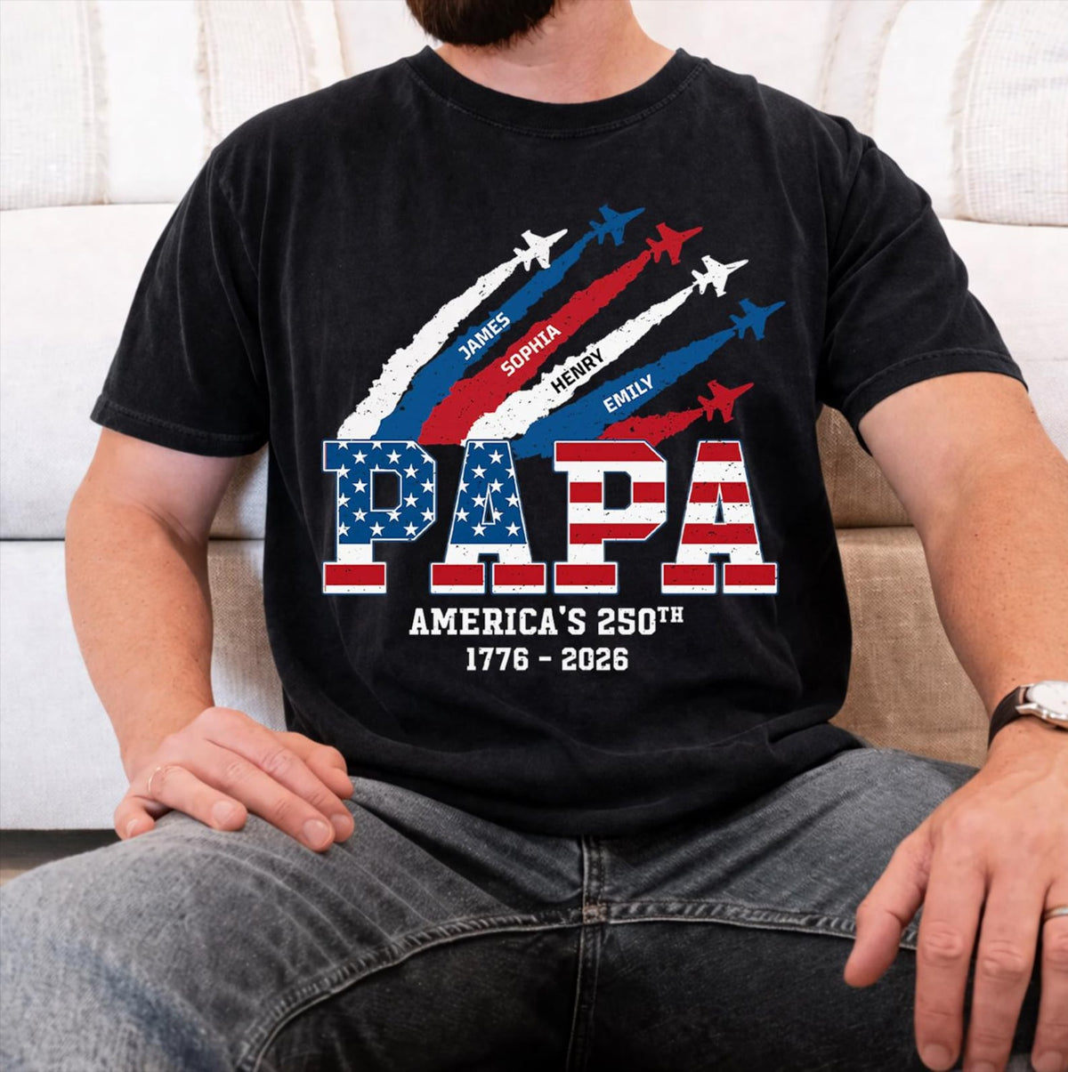 Personalized Proud Papa Grandpa Nation Flag American, 4th of July Papa Shirt, Cool Father's Day Gift For Papa, Grandpa Shirt with Kids Name