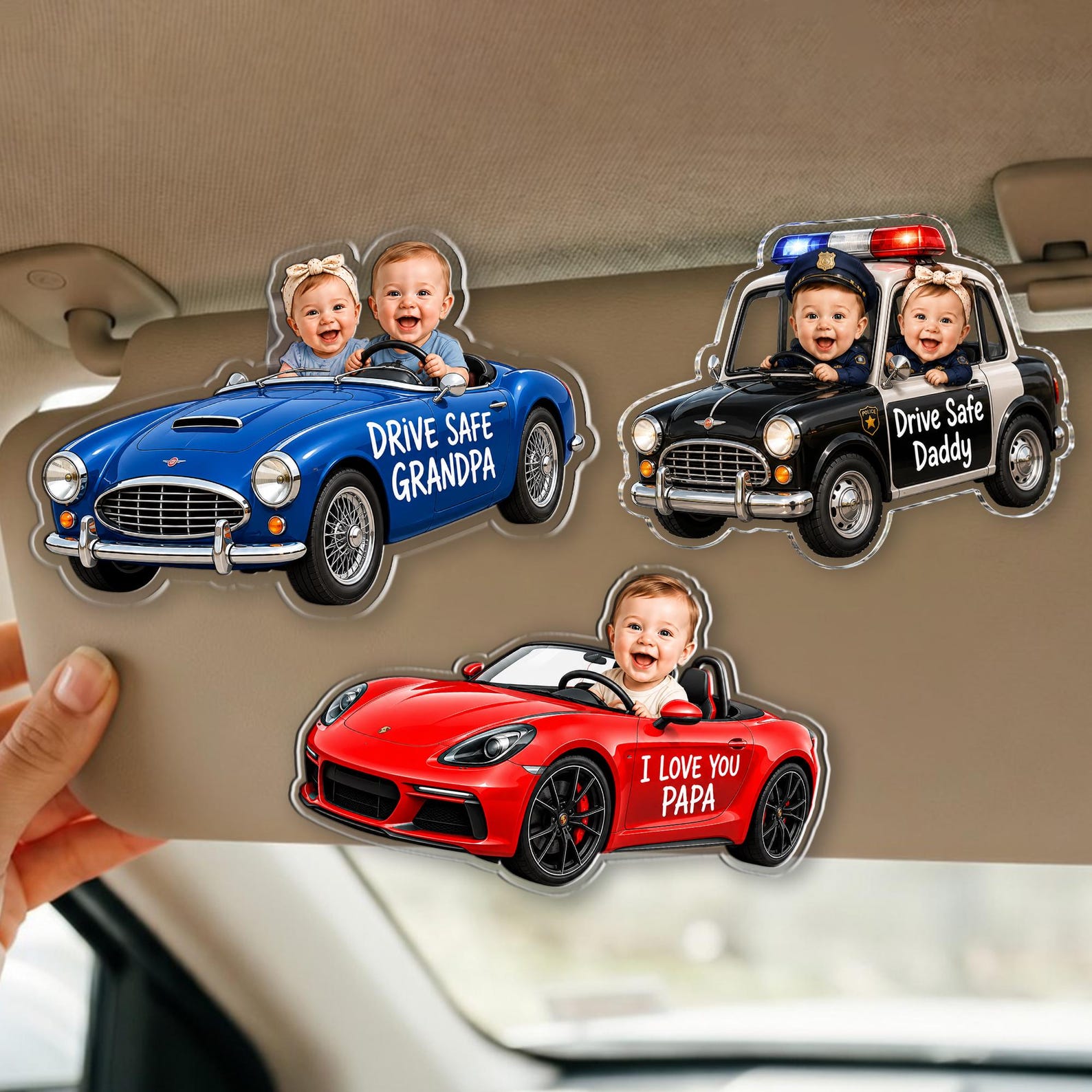 Custom Kids Photo Car Visor Clip: Fathers Day Gift for Dad, Drive Safe Daddy Visor Clip, Custom Baby Face Car Ornament, Papa Gifts