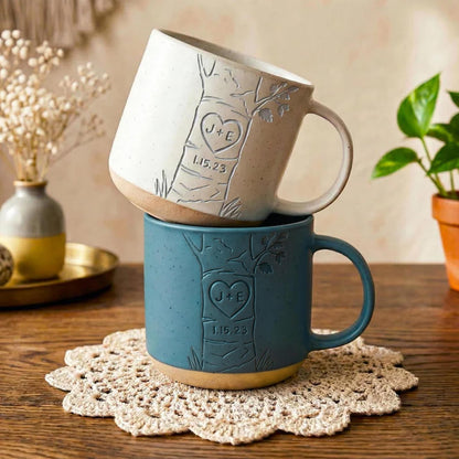 Personalized Engraved Couple Pottery Mug, Wedding Gift, Custom Carved Initials In A Heart Tree Couple Mug, Engagement Gifts, Newlywed Gift