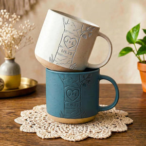 Personalized Engraved Couple Pottery Mug, Wedding Gift, Custom Carved Initials In A Heart Tree Couple Mug, Engagement Gifts, Newlywed Gift