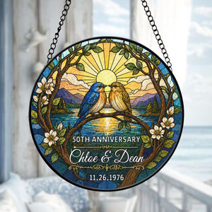 Personalized 50th Anniversary Stained Glass Suncatcher, Custom Wedding Anniversary Gift for Parents, Bluebird Couple Glass Art Window Decor