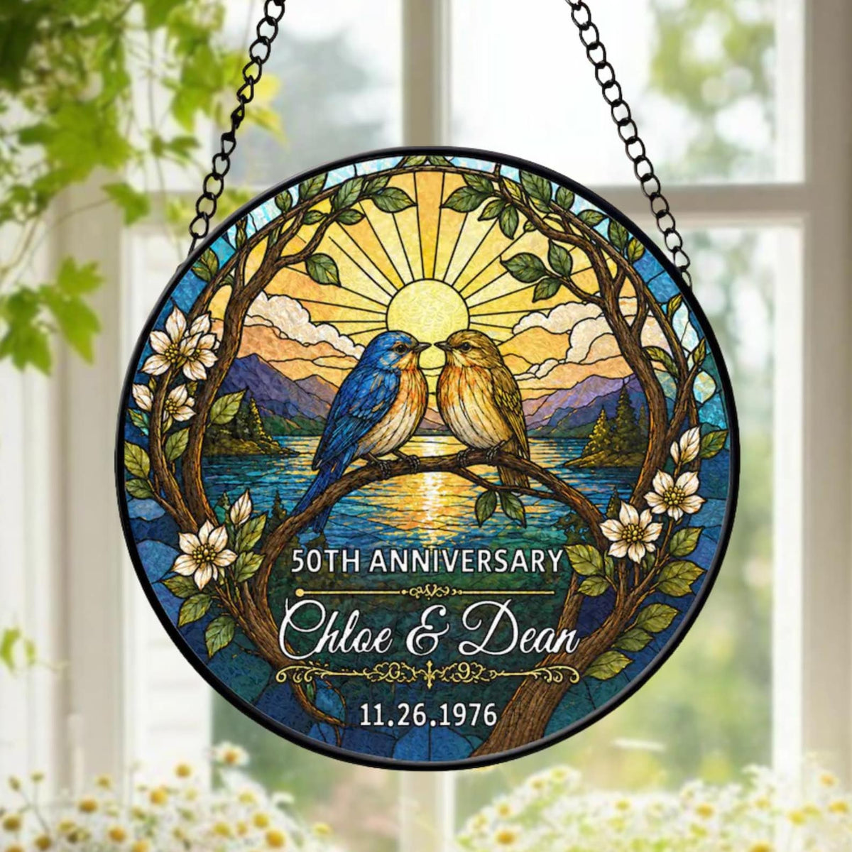 Personalized 50th Anniversary Stained Glass Suncatcher, Custom Wedding Anniversary Gift for Parents, Bluebird Couple Glass Art Window Decor