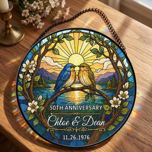 Personalized 50th Anniversary Stained Glass Suncatcher, Custom Wedding Anniversary Gift for Parents, Bluebird Couple Glass Art Window Decor