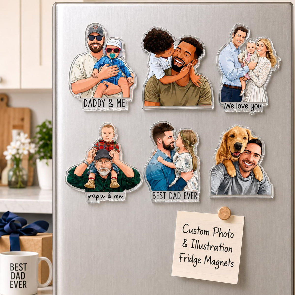 Personalized Portrait From Photo Dad And Kids Magnet: Custom Dad Photo Magnet, Fathers Day Gift For Dad, Gift For Husband, New Dad Gift