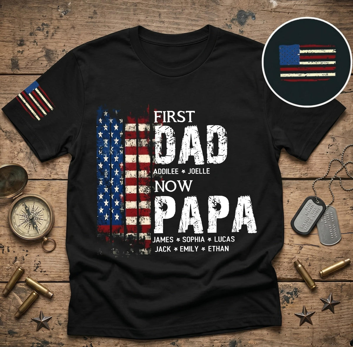 Personalized First Dad Now Papa American Flag Shirt, Custom Kids Names Father's Day Gift, Patriotic Papa T-Shirt, Gift for Grandpa