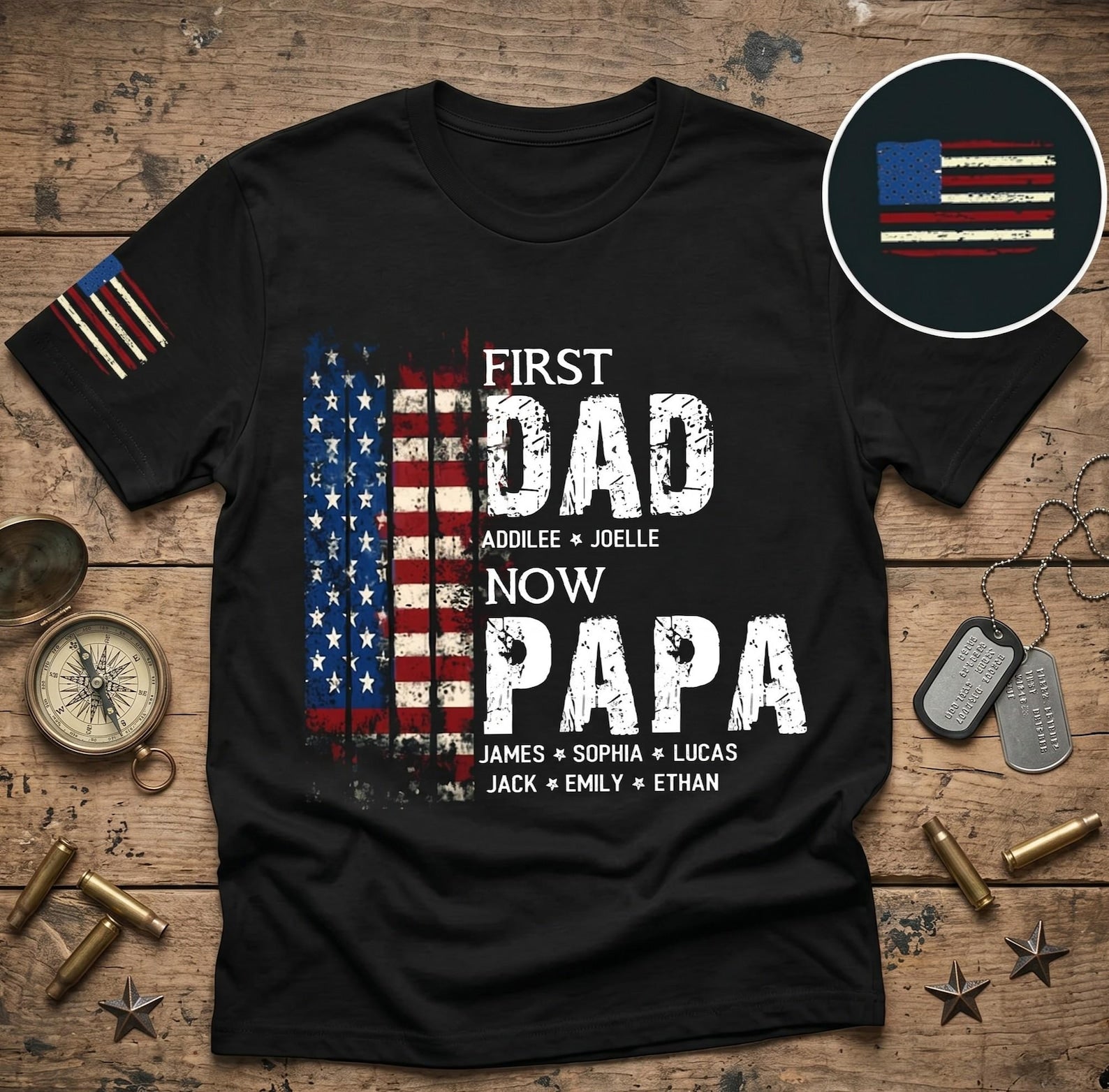 Personalized First Dad Now Papa American Flag Shirt, Custom Kids Names Father's Day Gift, Patriotic Papa T-Shirt, Gift for Grandpa