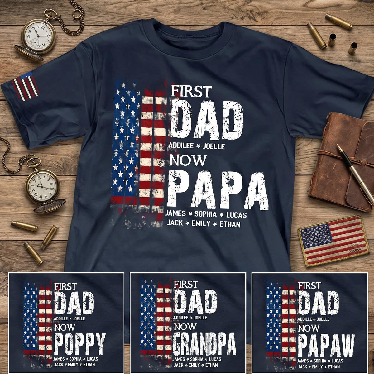 Personalized First Dad Now Papa American Flag Shirt, Custom Kids Names Father's Day Gift, Patriotic Papa T-Shirt, Gift for Grandpa