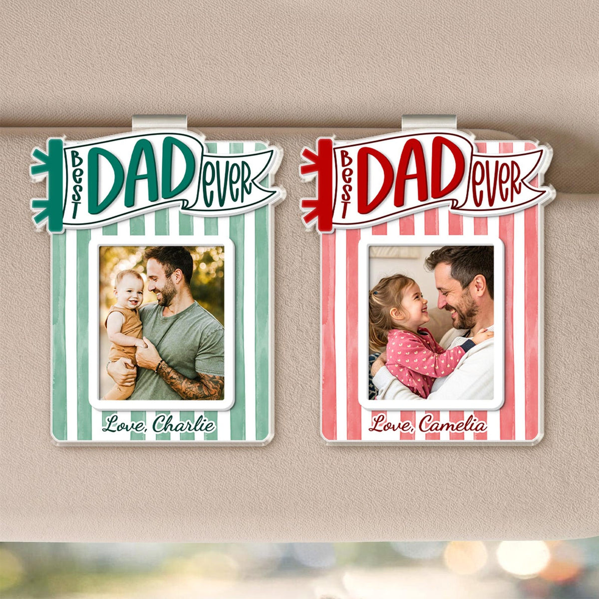 Personalized Dad Car Visor Photo Clip, Custom Father's Day Gift From Daughter or Son, Striped Pennant Dad Visor Clip, Drive Safe Daddy