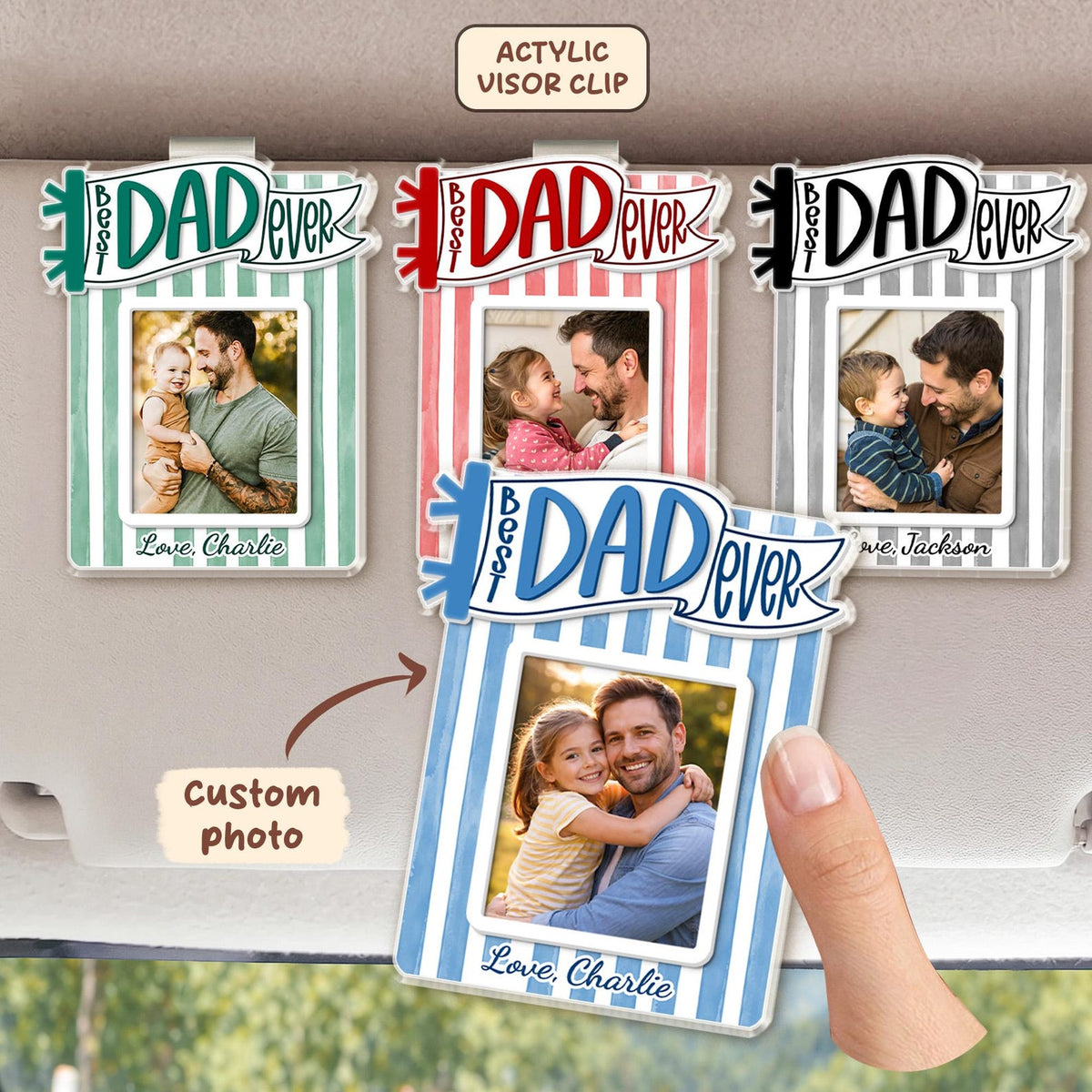 Personalized Dad Car Visor Photo Clip, Custom Father's Day Gift From Daughter or Son, Striped Pennant Dad Visor Clip, Drive Safe Daddy