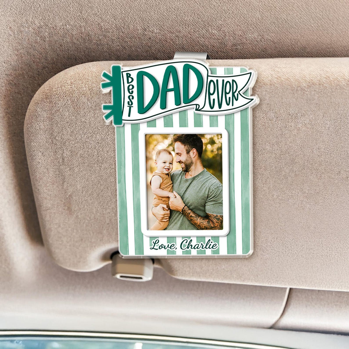Personalized Dad Car Visor Photo Clip, Custom Father's Day Gift From Daughter or Son, Striped Pennant Dad Visor Clip, Drive Safe Daddy