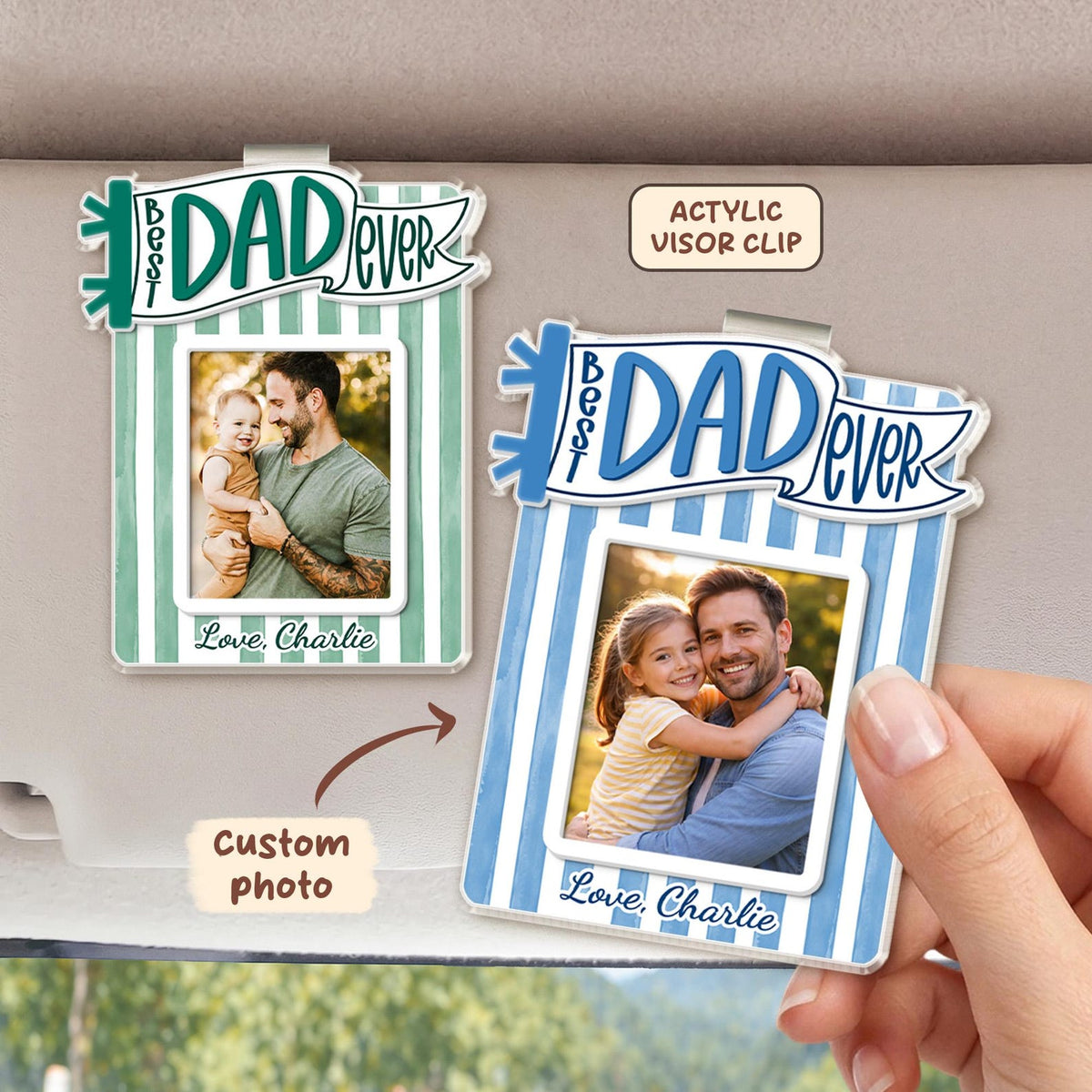 Personalized Dad Car Visor Photo Clip, Custom Father's Day Gift From Daughter or Son, Striped Pennant Dad Visor Clip, Drive Safe Daddy