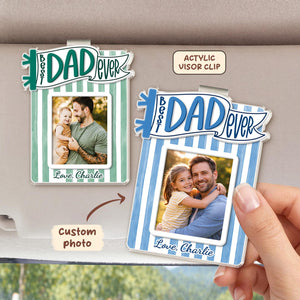 Personalized Dad Car Visor Photo Clip, Custom Father's Day Gift From Daughter or Son, Striped Pennant Dad Visor Clip, Drive Safe Daddy