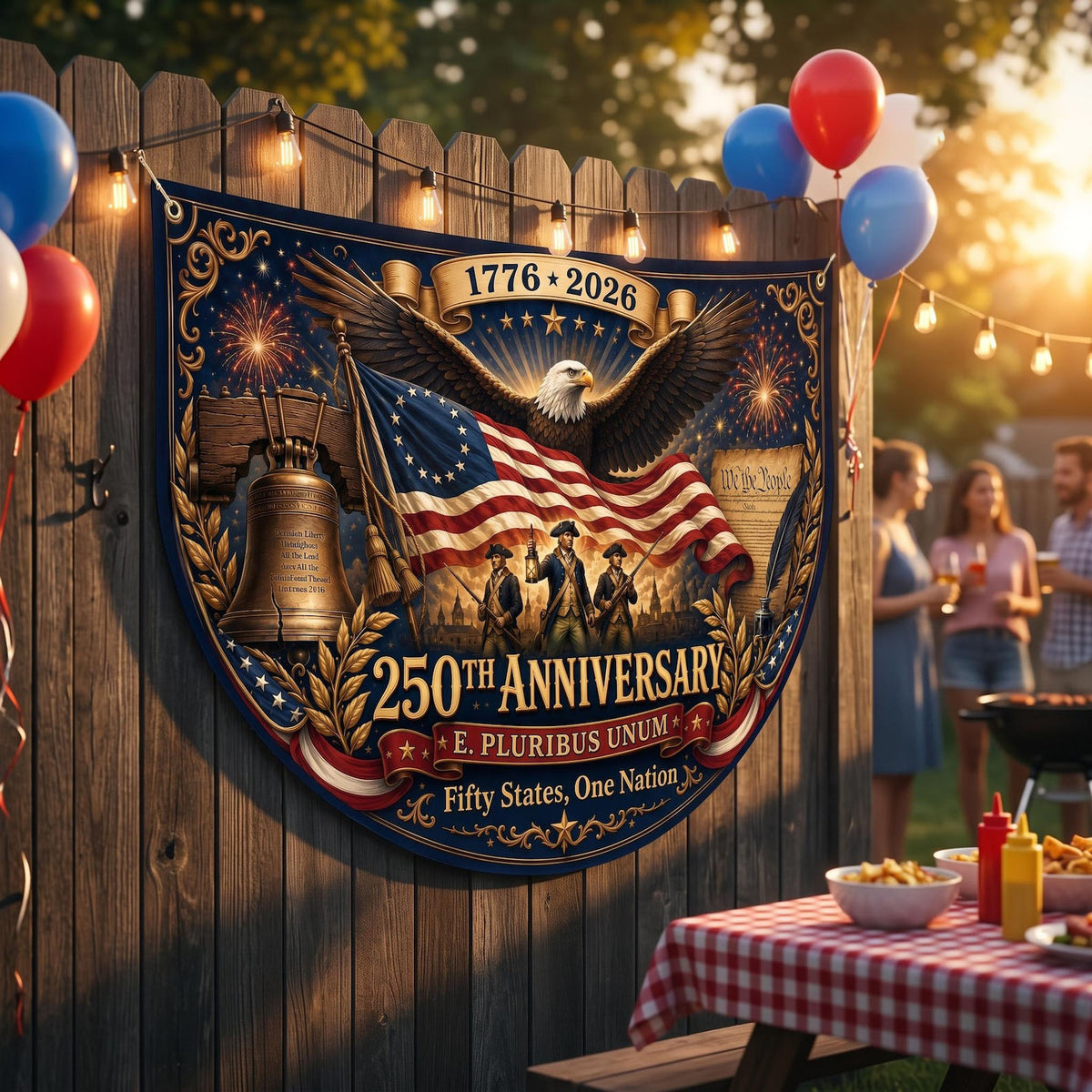 Usa 250th Anniversary Semi Circular Flag Eagle Liberty Bell We The People 1776 2026 Patriotic Bunting 4th Of July Decor