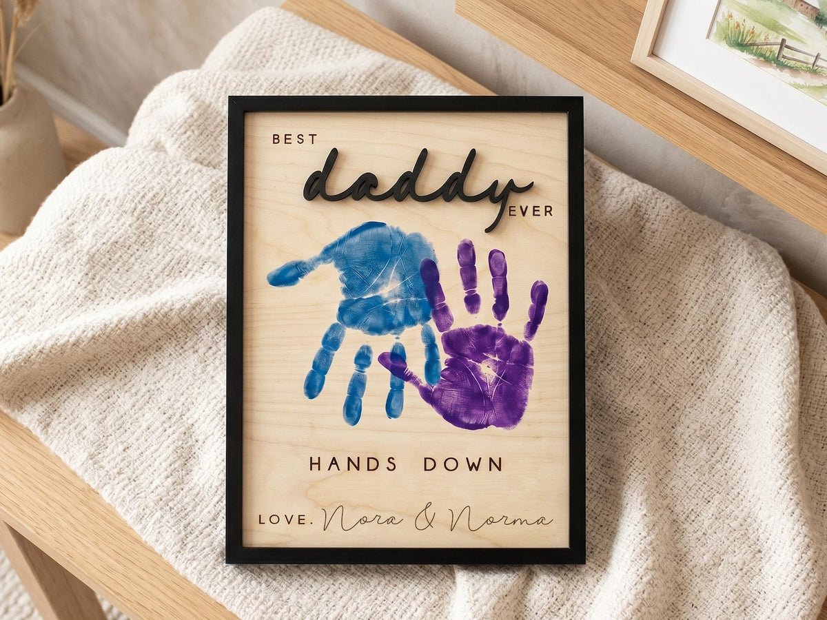 Dad Gift from Kids, Hands Down Best Dad Ever Sign, Personalized Wooden Plaque, Father s Day Handprint Gift for Daddy Grandpa