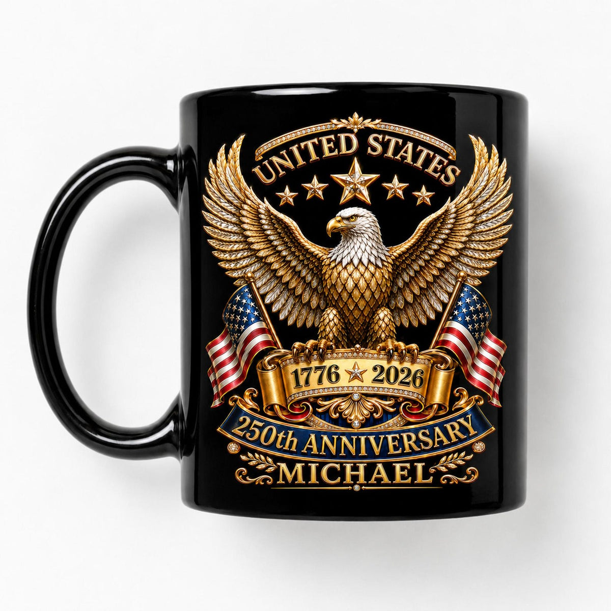 Personalized 250th Anniversary of America 2D Flat Mug, American USA Flag Black Coffee Cup, US Eagle Gifts for Men, Women, Patriotic Keepsake