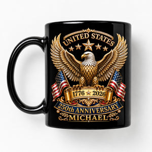 Personalized 250th Anniversary of America 2D Flat Mug, American USA Flag Black Coffee Cup, US Eagle Gifts for Men, Women, Patriotic Keepsake