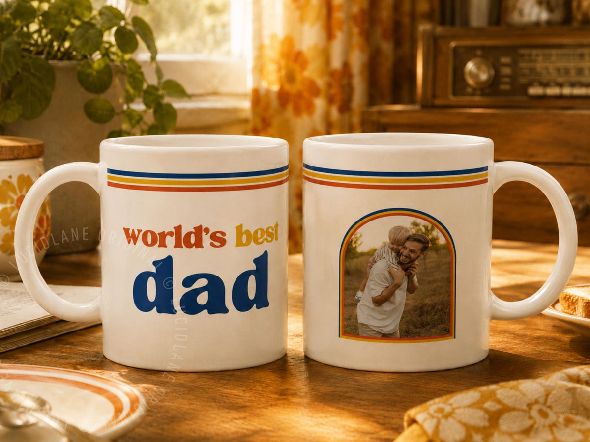 Custom World s Best Dad Photo Mug | Retro 70s Father s Day Gift | Vintage Dad Coffee Cup | New Dad gift | First Father's Day Gift