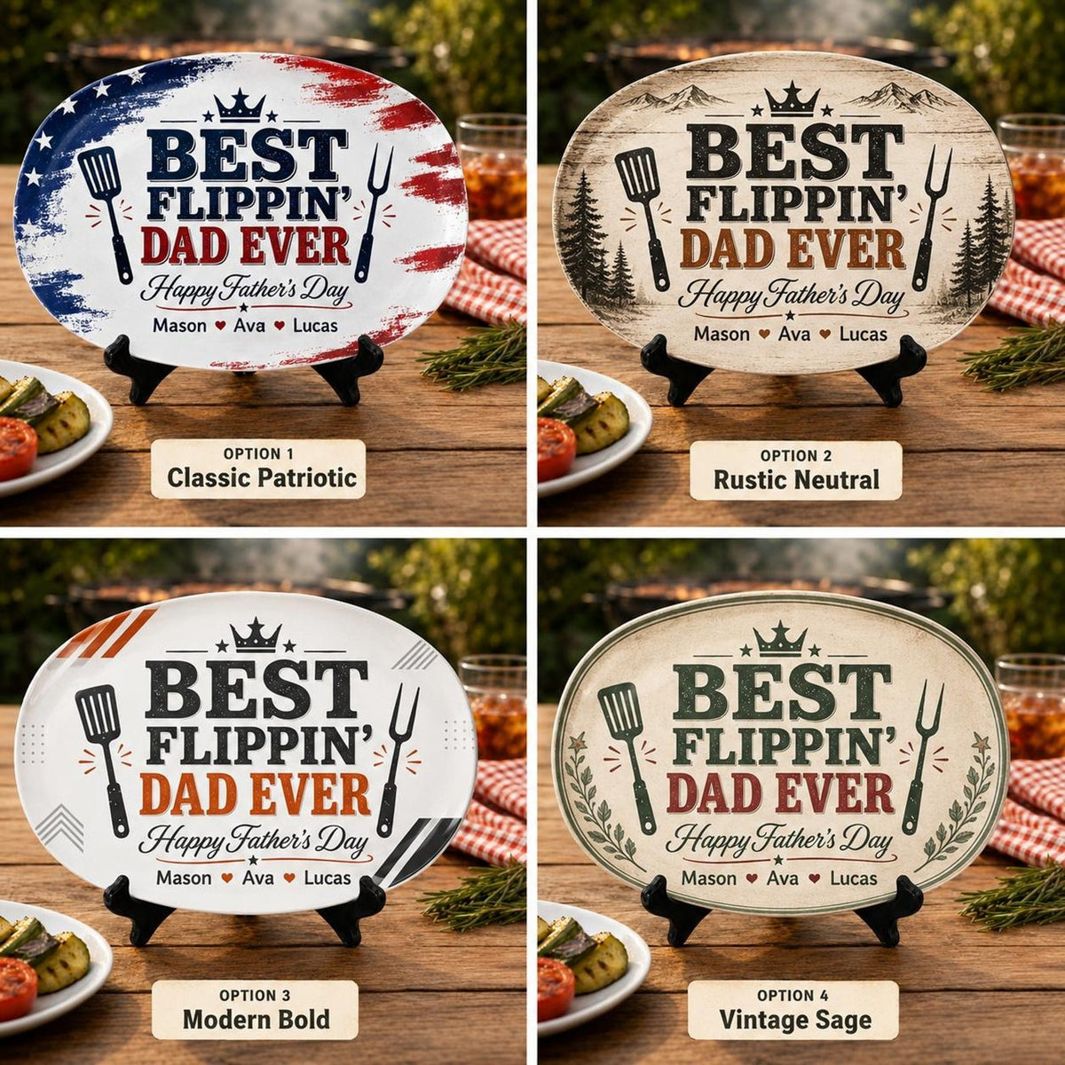 Personalized Best Flippin Dad Ever Grilling Plate, Custom American Flag BBQ Platter with Kids Names, Patriotic Father's Day Gift for Dad