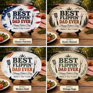 Personalized Best Flippin Dad Ever Grilling Plate, Custom American Flag BBQ Platter with Kids Names, Patriotic Father's Day Gift for Dad