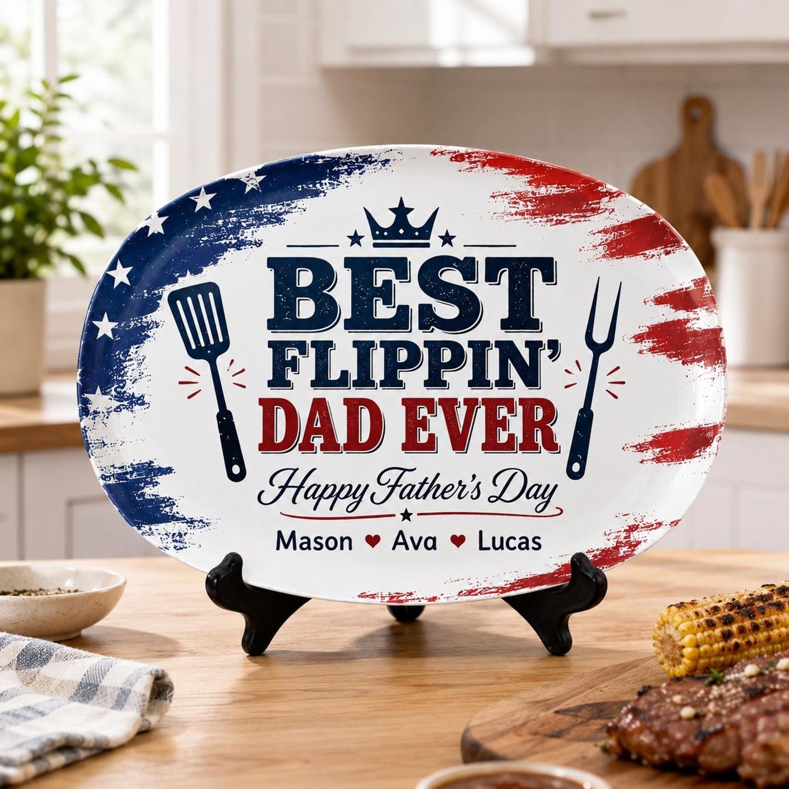 Personalized Best Flippin Dad Ever Grilling Plate, Custom American Flag BBQ Platter with Kids Names, Patriotic Father's Day Gift for Dad