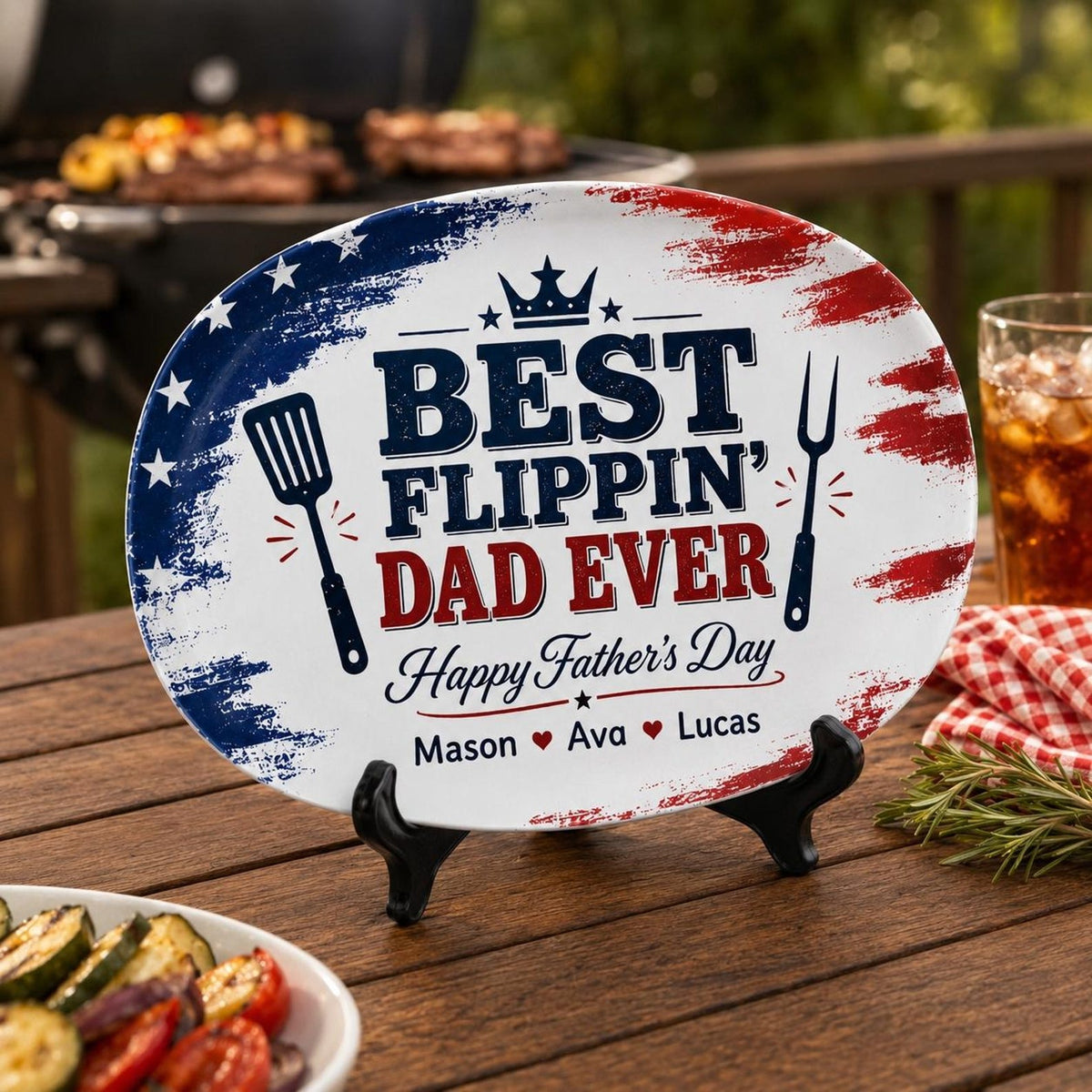 Personalized Best Flippin Dad Ever Grilling Plate, Custom American Flag BBQ Platter with Kids Names, Patriotic Father's Day Gift for Dad