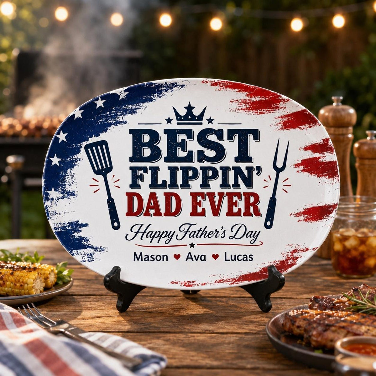 Personalized Best Flippin Dad Ever Grilling Plate, Custom American Flag BBQ Platter with Kids Names, Patriotic Father's Day Gift for Dad