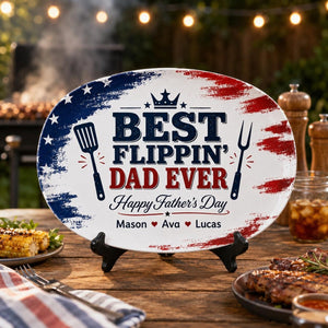 Personalized Best Flippin Dad Ever Grilling Plate, Custom American Flag BBQ Platter with Kids Names, Patriotic Father's Day Gift for Dad