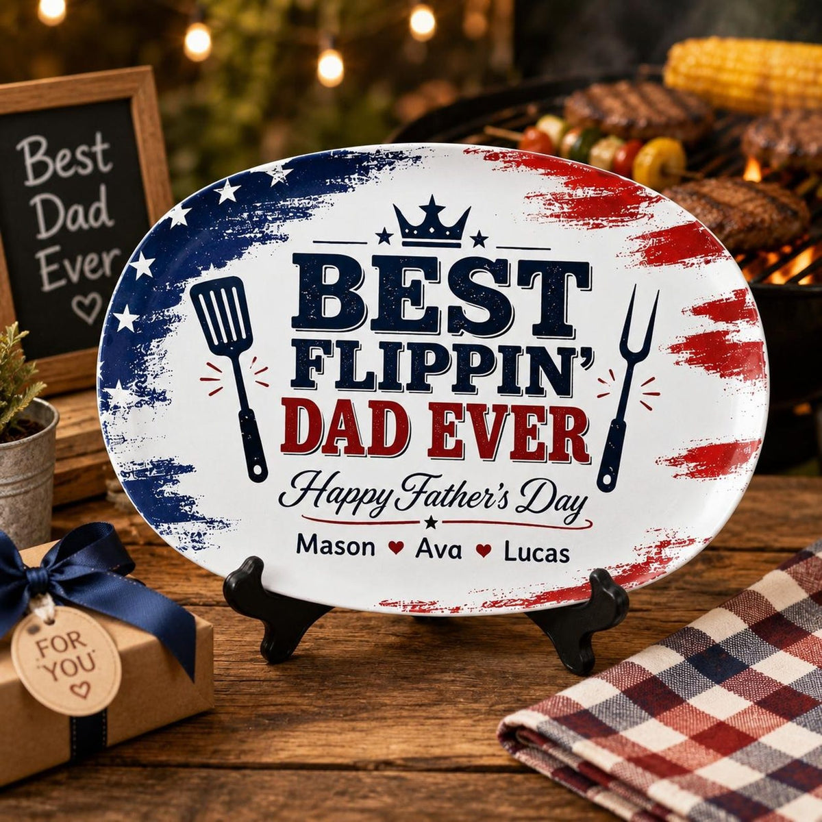 Personalized Best Flippin Dad Ever Grilling Plate, Custom American Flag BBQ Platter with Kids Names, Patriotic Father's Day Gift for Dad