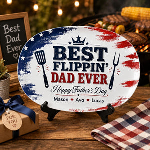 Personalized Best Flippin Dad Ever Grilling Plate, Custom American Flag BBQ Platter with Kids Names, Patriotic Father's Day Gift for Dad