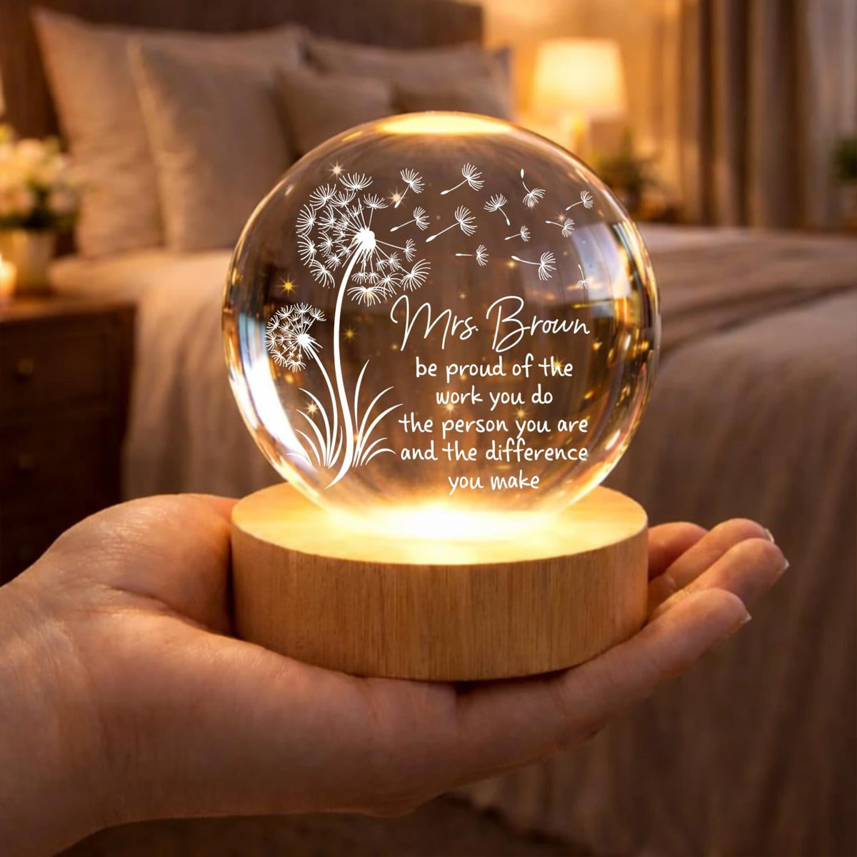 Personalized Teacher Appreciation Crystal Ball Lamp, Thank You Teacher Keepsake, Custom Teacher Gift, Dandelion Glass Sphere, Teacher Gifts