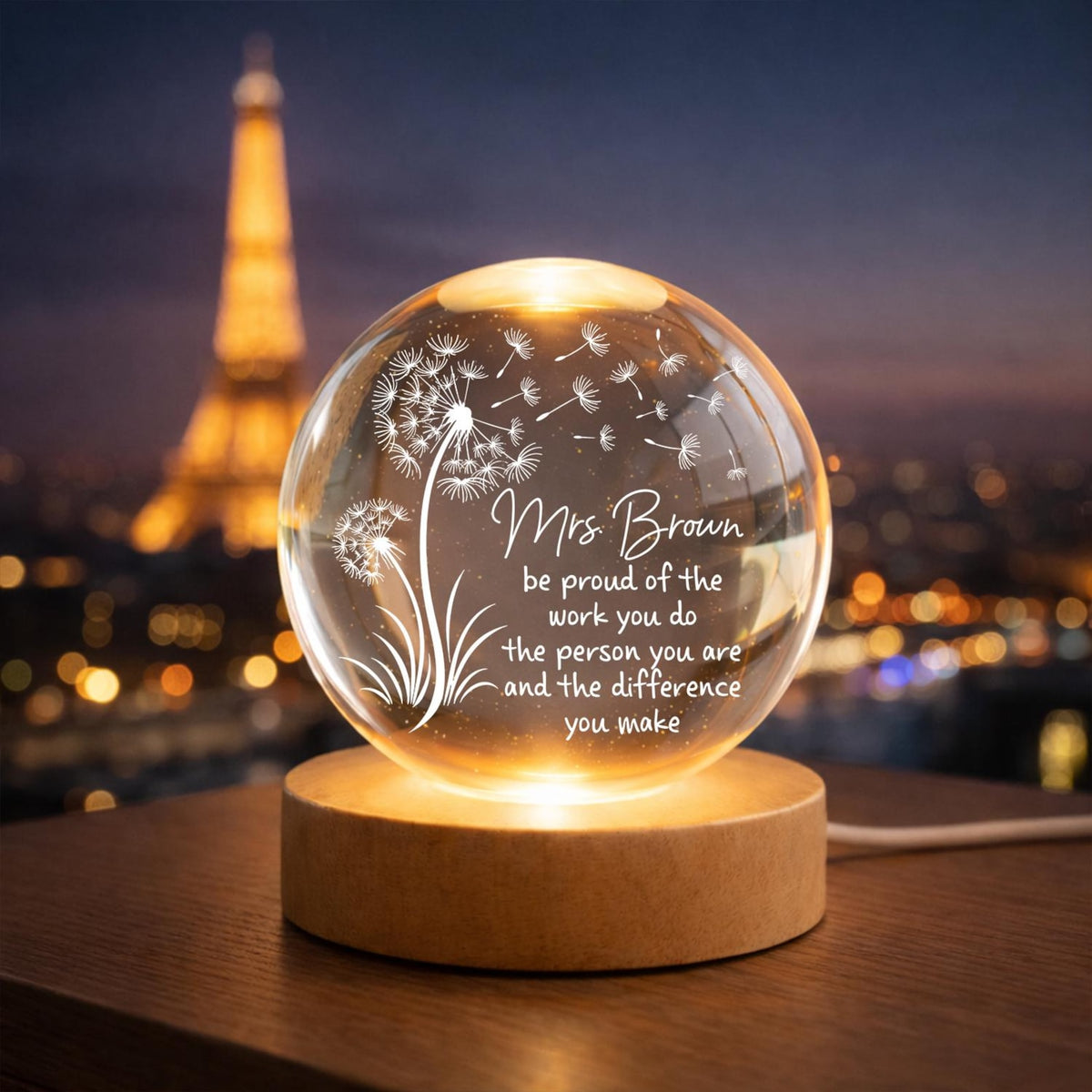 Personalized Teacher Appreciation Crystal Ball Lamp, Thank You Teacher Keepsake, Custom Teacher Gift, Dandelion Glass Sphere, Teacher Gifts