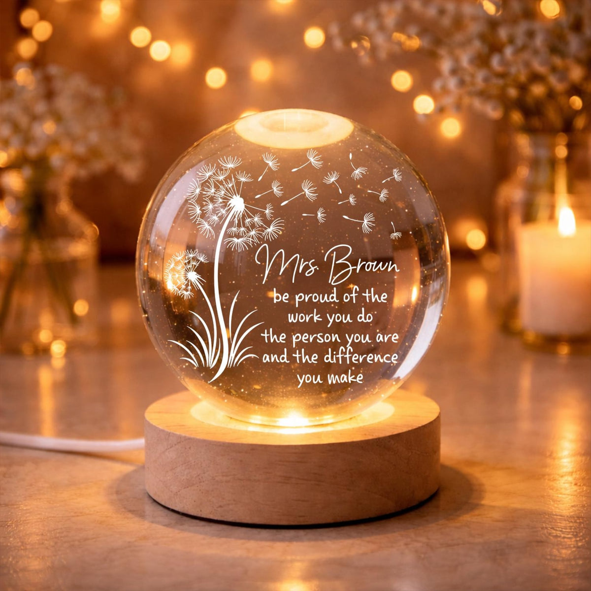 Personalized Teacher Appreciation Crystal Ball Lamp, Thank You Teacher Keepsake, Custom Teacher Gift, Dandelion Glass Sphere, Teacher Gifts
