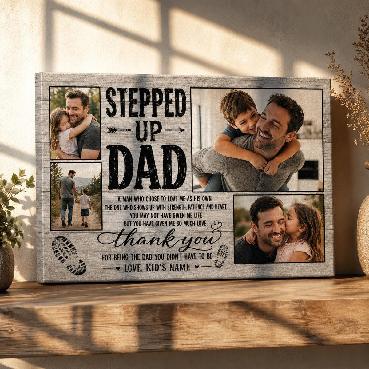 Stepped Up Dad, Stepdad Photo Collage Wall Art, Father s Day, Bonus Dad Gift, Family Picture, Gift For Him, Rustic Farmhouse Home