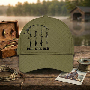 Personalized Reel Cool Dad Cap, Fathers Day Gift, Dad Fishing Hat, Fishing Gift for Grandpa, Fisherman Papa & Kid Name Classic Cap