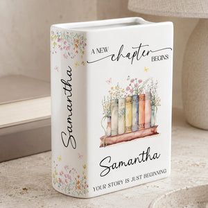 Personalized New Chapter Begin Book Vase, Custom Name Literary Decor,Floral Book Stack Vase,Book Lover,Reader Home Decor,Retirement,Birthday