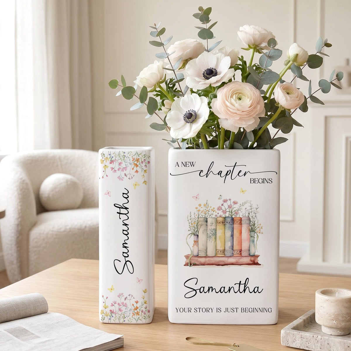 Personalized New Chapter Begin Book Vase, Custom Name Literary Decor,Floral Book Stack Vase,Book Lover,Reader Home Decor,Retirement,Birthday
