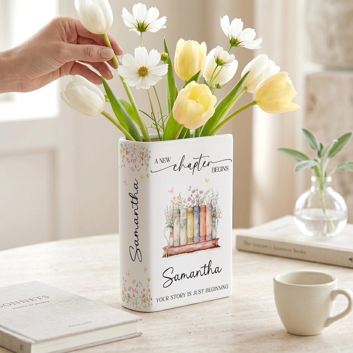 Personalized New Chapter Begin Book Vase, Custom Name Literary Decor,Floral Book Stack Vase,Book Lover,Reader Home Decor,Retirement,Birthday
