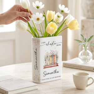 Personalized New Chapter Begin Book Vase, Custom Name Literary Decor,Floral Book Stack Vase,Book Lover,Reader Home Decor,Retirement,Birthday