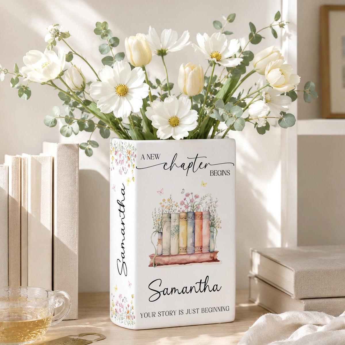 Personalized New Chapter Begin Book Vase, Custom Name Literary Decor,Floral Book Stack Vase,Book Lover,Reader Home Decor,Retirement,Birthday