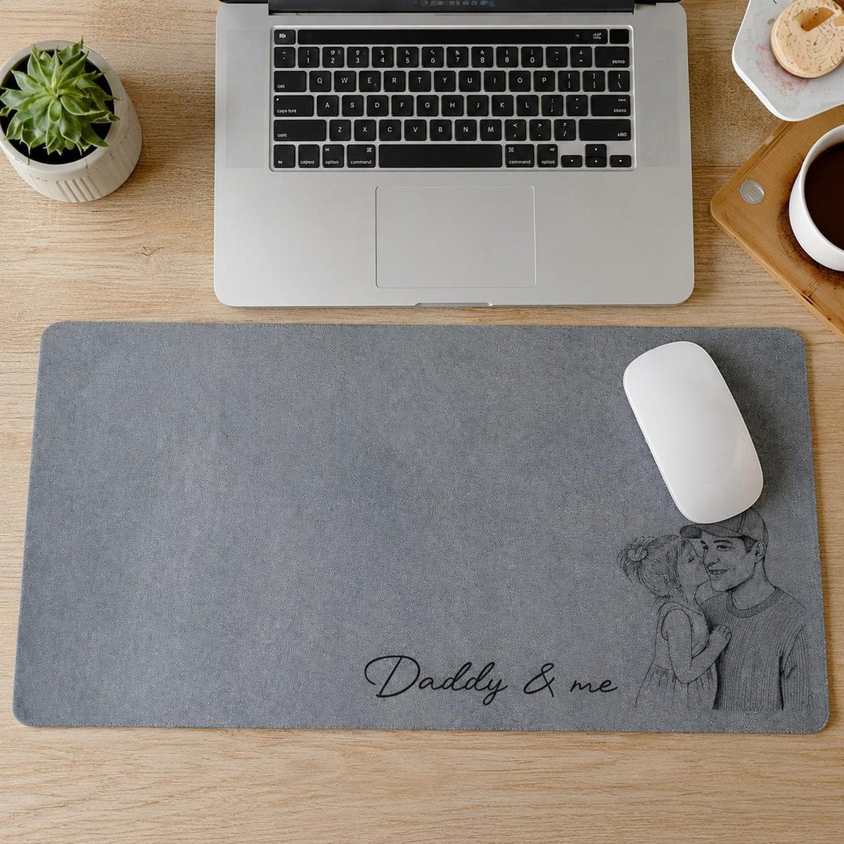 Personalized Dad We Love You Custom Photo Sketch Line Art Desk Mat, Father's Day Gift For Husband, Daddy & Kid Picture Desk Pad Mouse Mat