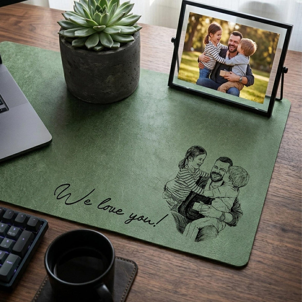 Personalized Dad We Love You Custom Photo Sketch Line Art Desk Mat, Father's Day Gift For Husband, Daddy & Kid Picture Desk Pad Mouse Mat