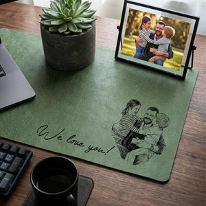 Personalized Dad We Love You Custom Photo Sketch Line Art Desk Mat, Father's Day Gift For Husband, Daddy & Kid Picture Desk Pad Mouse Mat